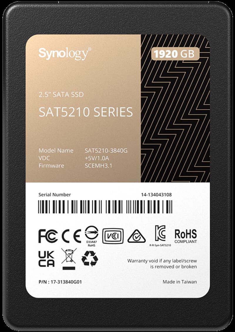SYNOLOGY SSD SAT5210 1.92TB 2.5inch SATA 6Gb/s 530MB/s read 500MB/s write, "SAT5210-1920G"