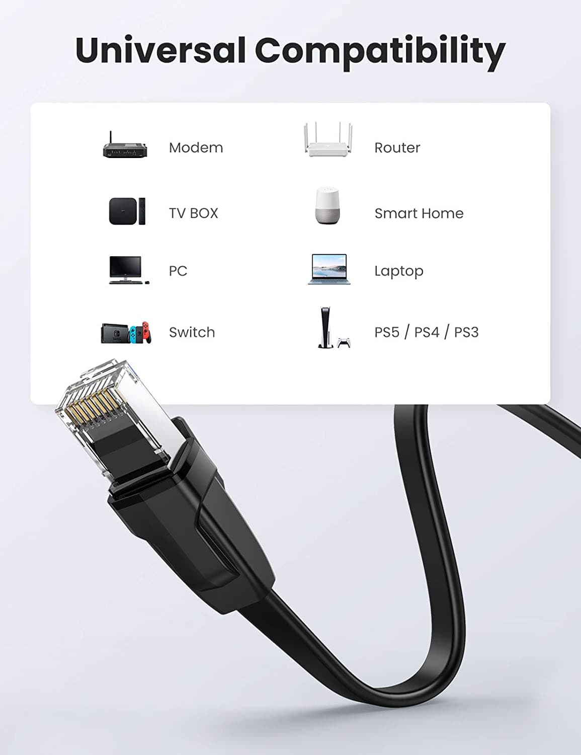 PATCH CORD U/FTP Ugreen Cat8, "NW134" fire din cupru, flat cable, viteza maxima 40 Gbps, 2m, negru "70672" - 6957303876723 — miniatură