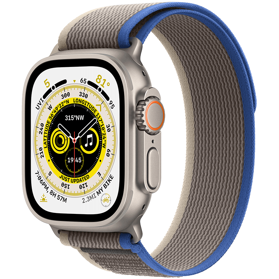 Apple Watch Ultra GPS + Cellular, 49mm Titanium Case with Blue/Gray Trail Loop - M/L,Model A2684, "MQFV3GK/A"