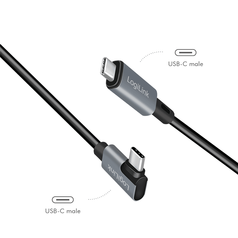 CABLU alimentare si date LOGILINK, pt. smartphone, USB 2.0, USB Type-C (T) la USB Type-C (T) la 90 grade, 1m, PD 100W, 2 x ecranat, plastic, negru, "CU0182" — miniatură