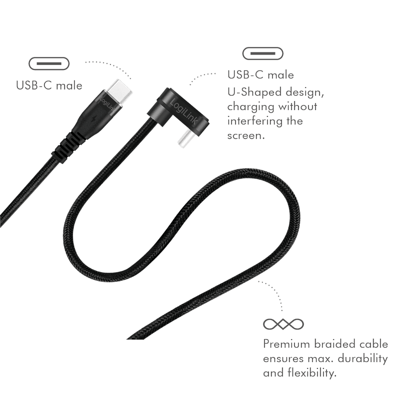 CABLU alimentare si date LOGILINK, pt. smartphone, USB 2.0, USB Type-C (T) la USB Type-C (T) la 180 grade, 2m, 2 x ecranat, aluminiu, negru, "CU0191" — miniatură