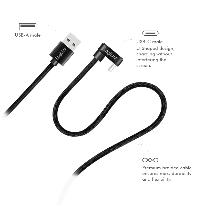 CABLU alimentare si date LOGILINK, pt. smartphone, USB 2.0, USB Type-C (T) la USB-A (T) la 180 grade, 3m, 2 x ecranat, aluminiu, negru, "CU0195" — miniatură