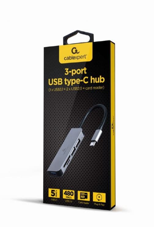 HUB extern GEMBIRD, porturi USB: USB 3.1 x 1, USB 2.0 x 2, conectare prin USB Type-C, suport SD / MicroSD, argintiu, "UHB-CM-CRU3P1U2P2-01" — miniatură