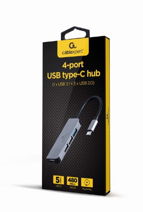 HUB extern GEMBIRD, porturi USB: USB 3.1 x 1, USB 2.0 x 3, conectare prin USB Type-C, argintiu, "UHB-CM-U3P1U2P3-01" — miniatură