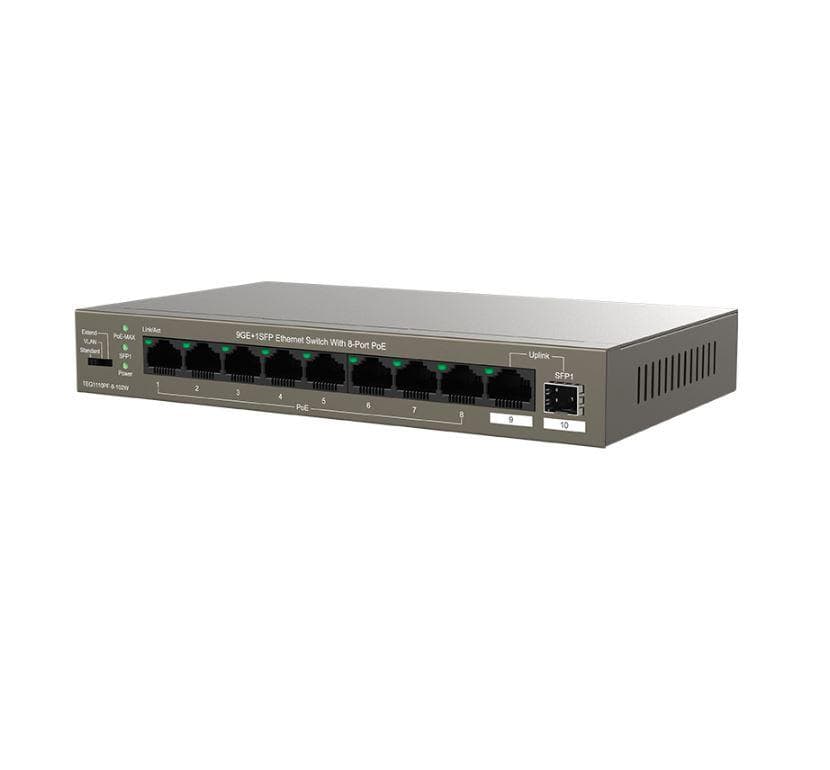 SWITCH TENDA unmanaged, 10 porturi RJ-45 gigabit PoE, max 102W, IEEE 802.3af/at, metalic "TEG1110PF-8-102W" — miniatură