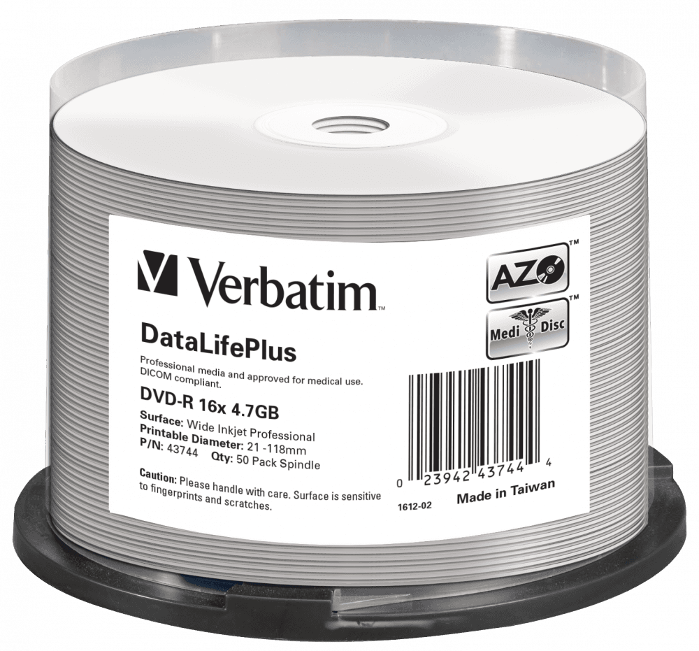 DVD-R VERBATIM 4.7GB, VITEZA 16X, AZO DL+ THERMAL PRINTRABLE NO-ID, SPINDLE, 50 BUC, "43744"
