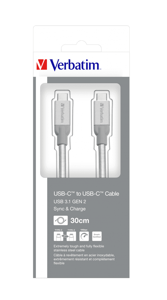 CABLU USB 3.1 VERBATIM TYPE-C LA TYPE-C, STAINLESS STEEL, CABLU 30CM ARGINTIU "48867" — miniatură
