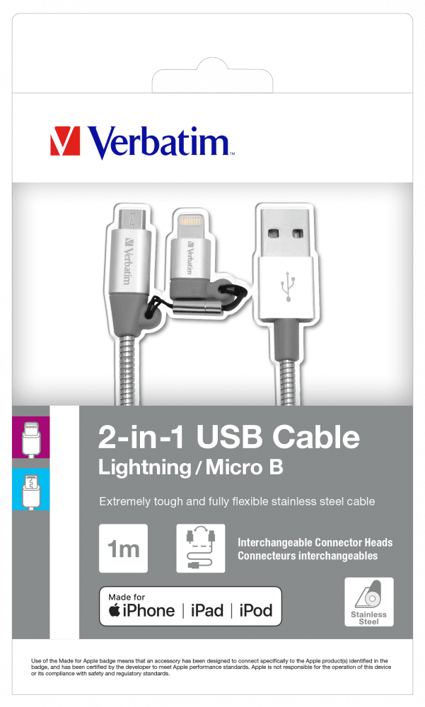 CABLU 2-IN-1 LIGHTNING VERBATIM, MICRO B, STAINLESS STEEL, SYNC, CABLU, 100CM, SILVER "48869" — miniatură