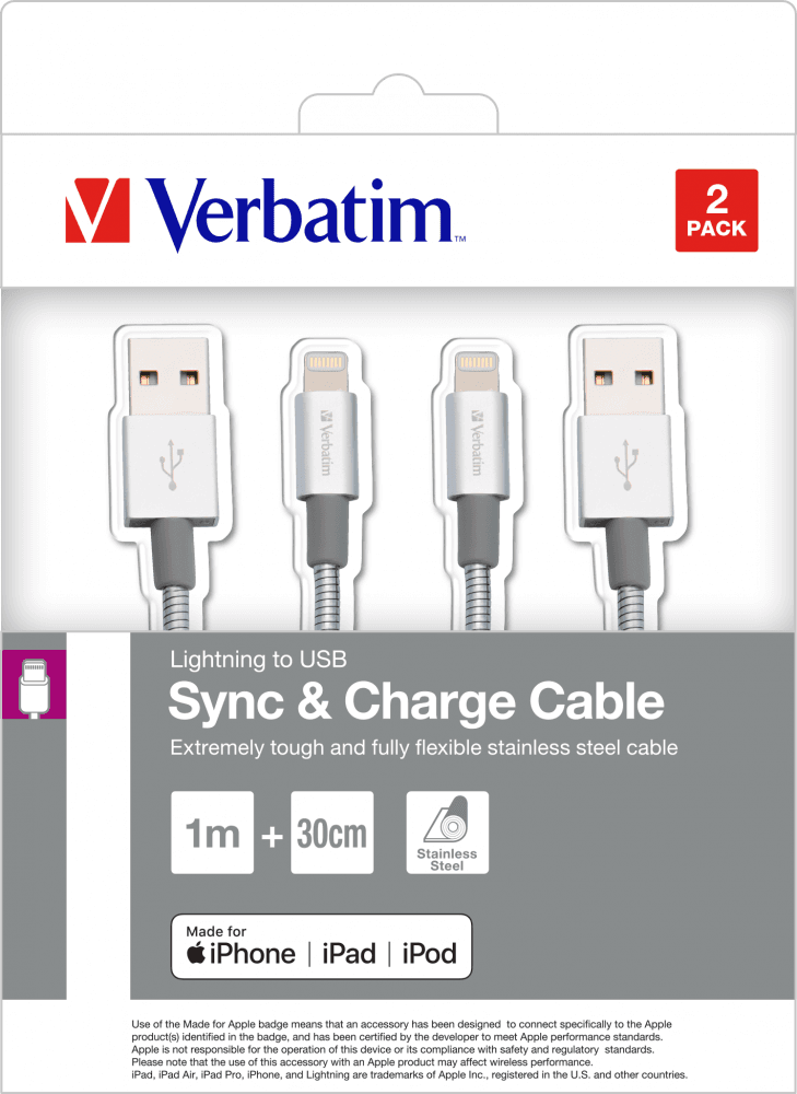 CABLU LIGHTNING VERBATIM, SYNC, 100CM ARGINTIU, CABLU LIGHTNING, SYNC, 30CM ARGINTIU "48873" — miniatură