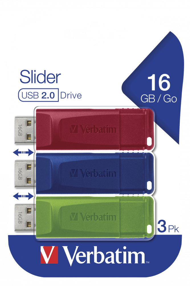 MEMORIE USB VERBATIM StoreNGo SLIDER 3 X 16GB USB 2.0, ROSU, ALBASTRU, VERDE "49326" — miniatură