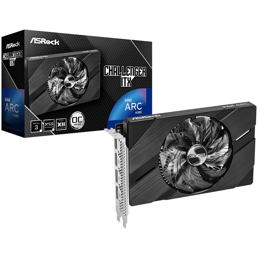 Asrock Intel Arc A380 Challenger ITX 6GB OC, GDDR6, 96-bit, 1x HDMI 2.0b, 3x DP 2.0, 1x 8-pin Pwr connector, 500W. "A380 CLI 6GO"
