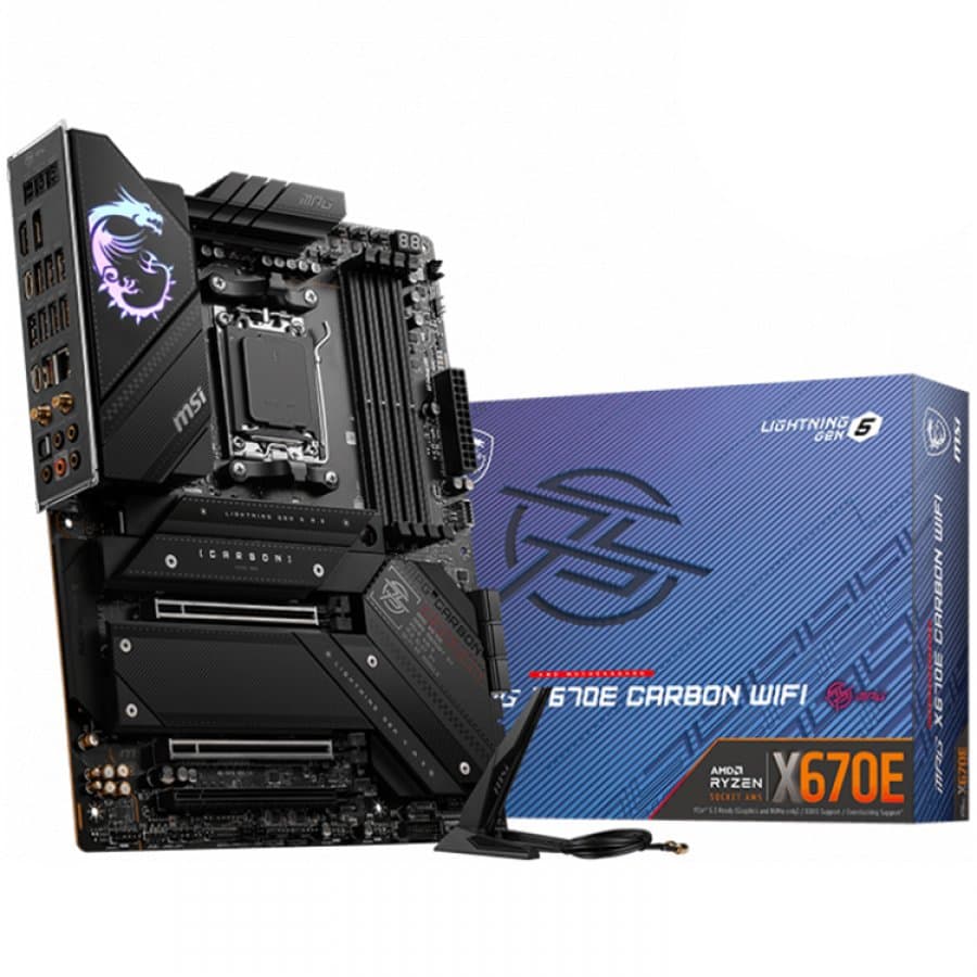 MSI MPG X670E CARBON WIFI, ATX, Socket AM5, 4x DDR5, Type-C DP, 3x PCI-E x16 slots, 4x M.2 slots, 1x HDMI, 2x DP (1x Type-C), 6x USB 3.2 Gen2, 1x USB 3.2 Gen2, 1x USB 3.2 Gen2x2, 2x USB 2.0, Type-C, 7.1 HD Audio, 2.5Gbps LAN, Wi-Fi 6E, BT "MPG_X670E_