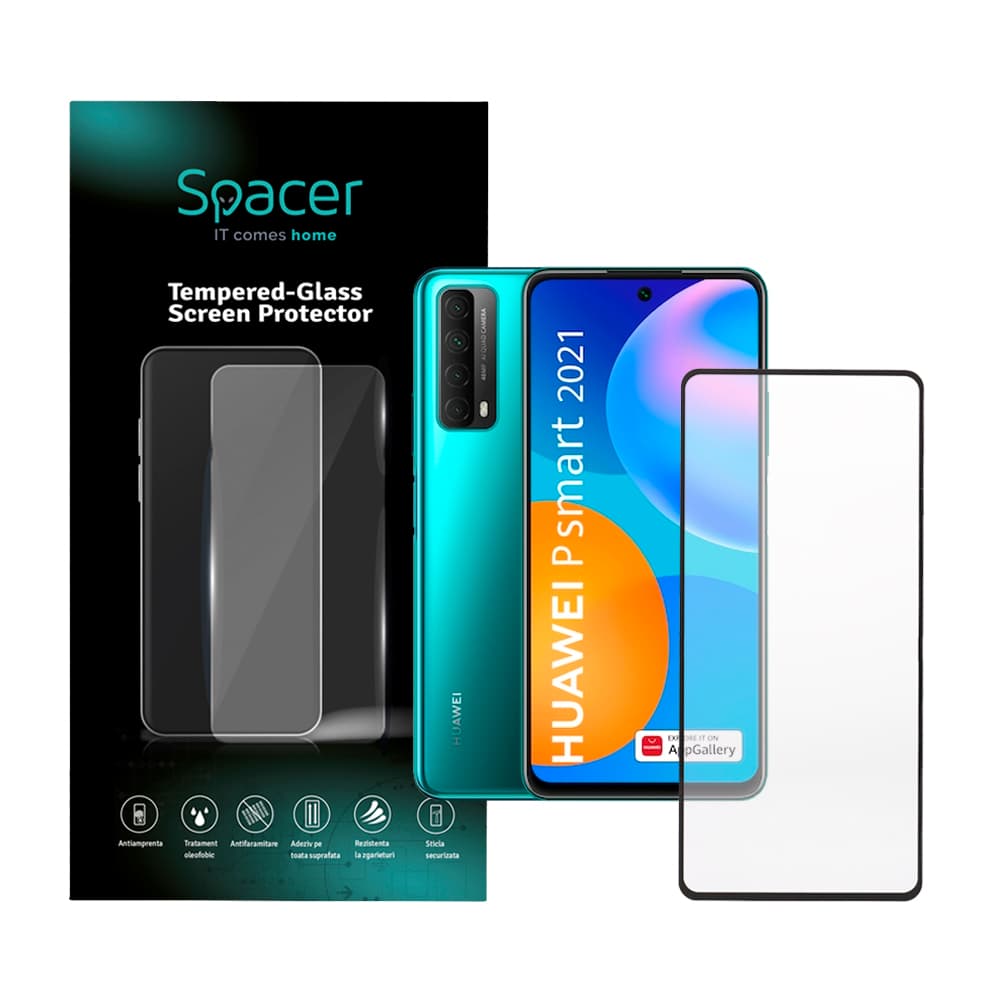 FOLIE STICLA Spacer pentru Huawei P Smart(2021), grosime 0.3mm, acoperire totala ecran, strat special anti-ulei si anti-amprenta, Tempered Glass, sticla 9D, duritate 9H "SPPG-HU-P-S-TG"