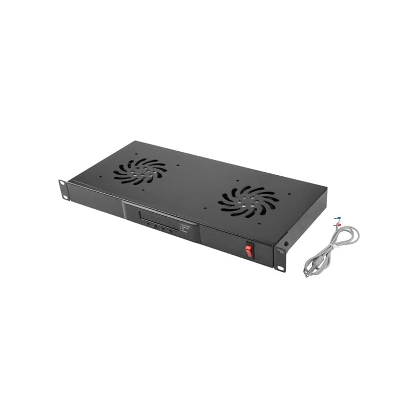 Unitate cu 2 ventilatoare, 1U, termostat digital, senzor temp, temporizator, display LED, negru, cablu alimentare 1,5m - DATEUP "9801130751-T"