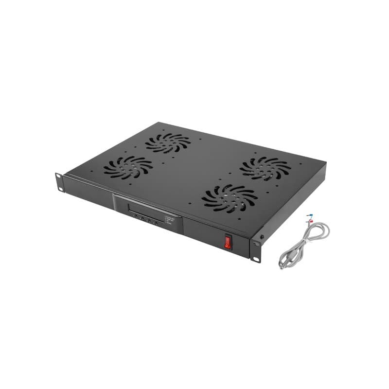 Unitate cu 4 ventilatoare, 1U, termostat digital, senzor temp, temporizator, display LED, negru, cablu alimentare 1,5m - DATEUP "9801130771-T"