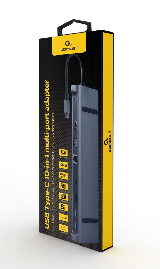DOCKING Station Gembird universal,10-in-1, conec PC USB Type C, USB-C x 1, USB-A 3.1 x 3, HDMI x 1, VGA x 1, RJ45 x 1, PD 87W, SD, microSD, Audio, argintiu, "A-CM-COMBO10-01" — miniatură