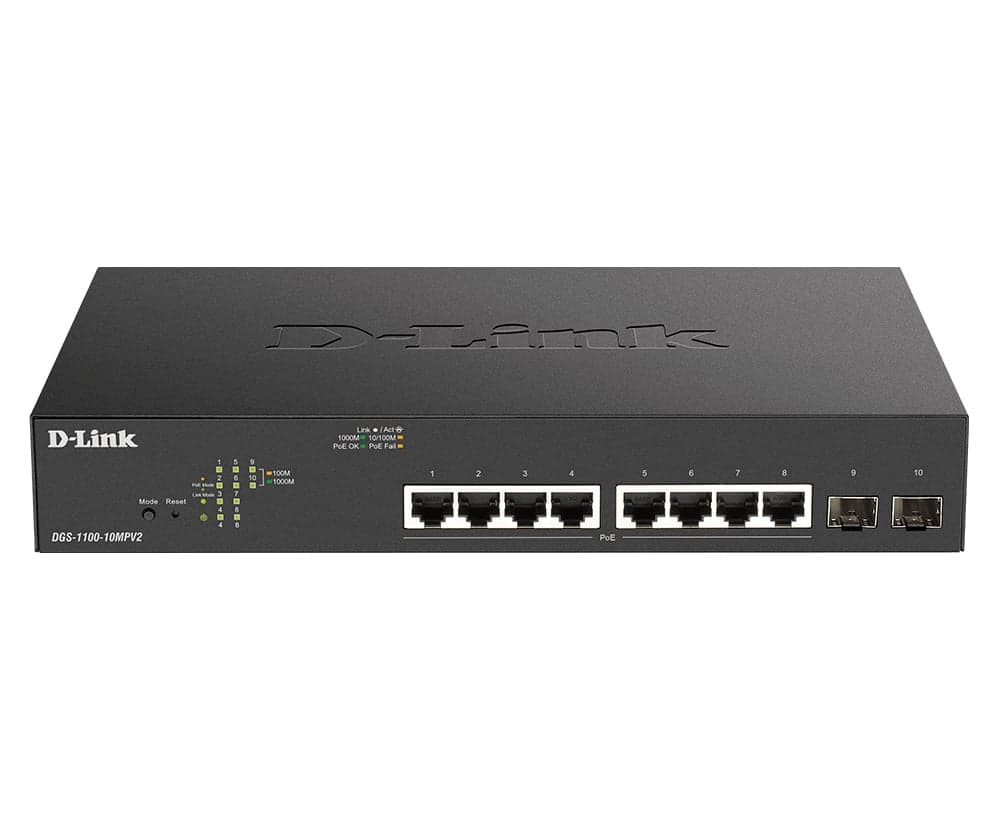 SWITCH PoE D-LINK Smart 8 porturi Gigabit (8 PoE) + 2 porturi SFP, IEEE 802.3af/at, carcasa metalica, rackabil "DGS-1100-10MPV2"