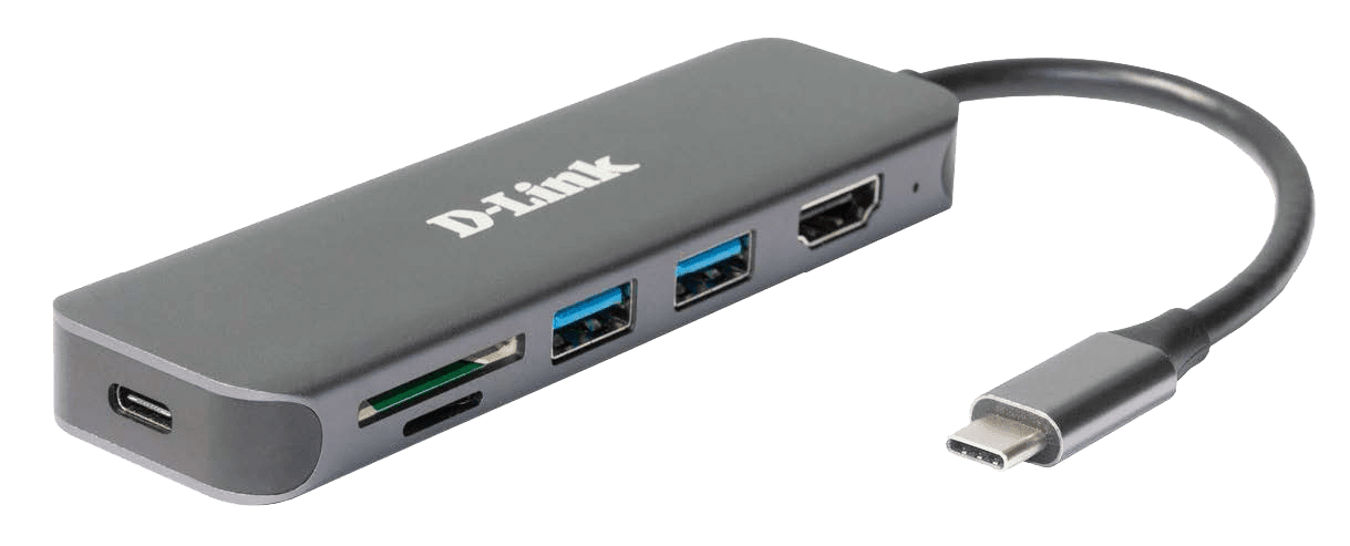 HUB extern D-LINK, porturi 2xSuperSpeed USB 3.0, 1xUSB-C with data sync & PD-60W,1xHDMI 4k,Dual-Slot SD/microSD/SDHC/SDXC Card Reader, conec USB-C,cablu 10 cm,met,arg "DUB-2327"
