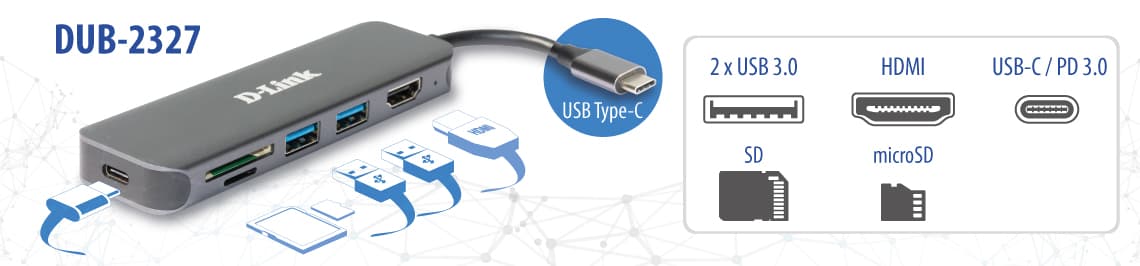 HUB extern D-LINK, porturi 2xSuperSpeed USB 3.0, 1xUSB-C with data sync & PD-60W,1xHDMI 4k,Dual-Slot SD/microSD/SDHC/SDXC Card Reader, conec USB-C,cablu 10 cm,met,arg "DUB-2327" — miniatură