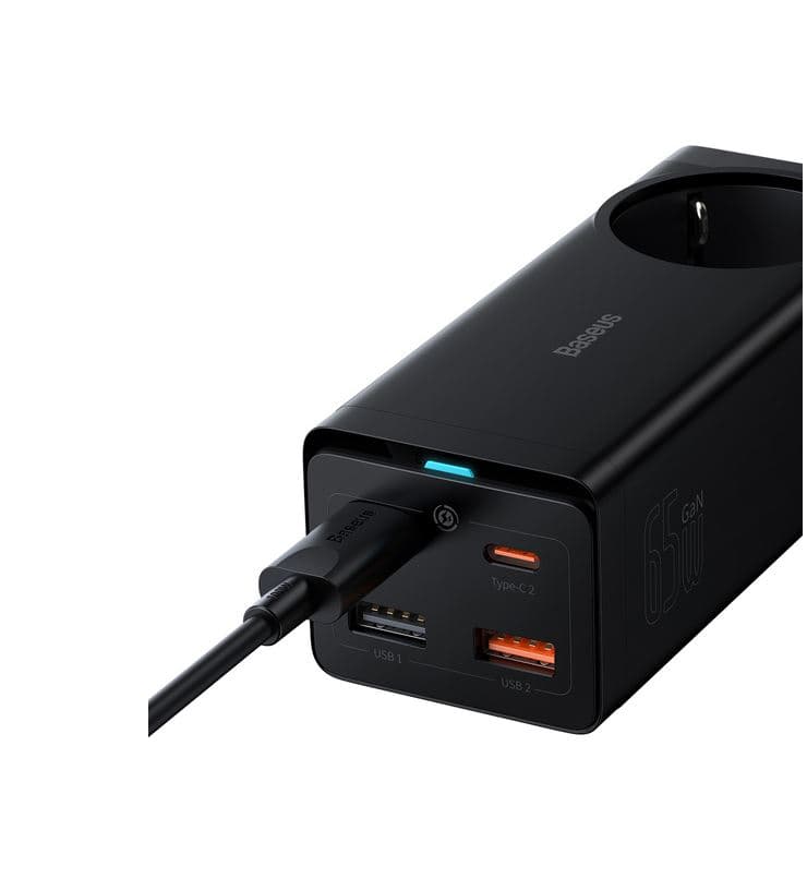INCARCATOR RETEA Baseus GaN3 Pro Powerstrip, QC 65W, 1xAC, 2xUSB Type-C Output 5V/3A, 2xUSB, include cablu USB Type-C la USB Type-C 100W, 1m, negru "PSZM000901"-6932172610241 — miniatură