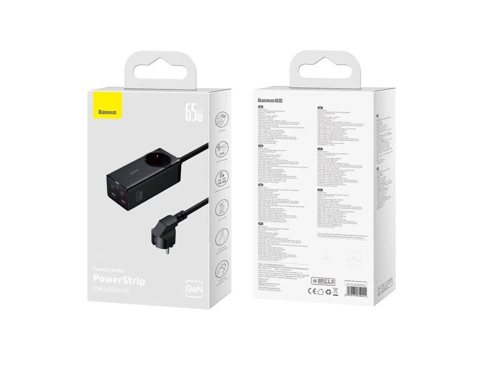 INCARCATOR RETEA Baseus GaN3 Pro Powerstrip, QC 65W, 1xAC, 2xUSB Type-C Output 5V/3A, 2xUSB, include cablu USB Type-C la USB Type-C 100W, 1m, negru "PSZM000901"-6932172610241 — miniatură