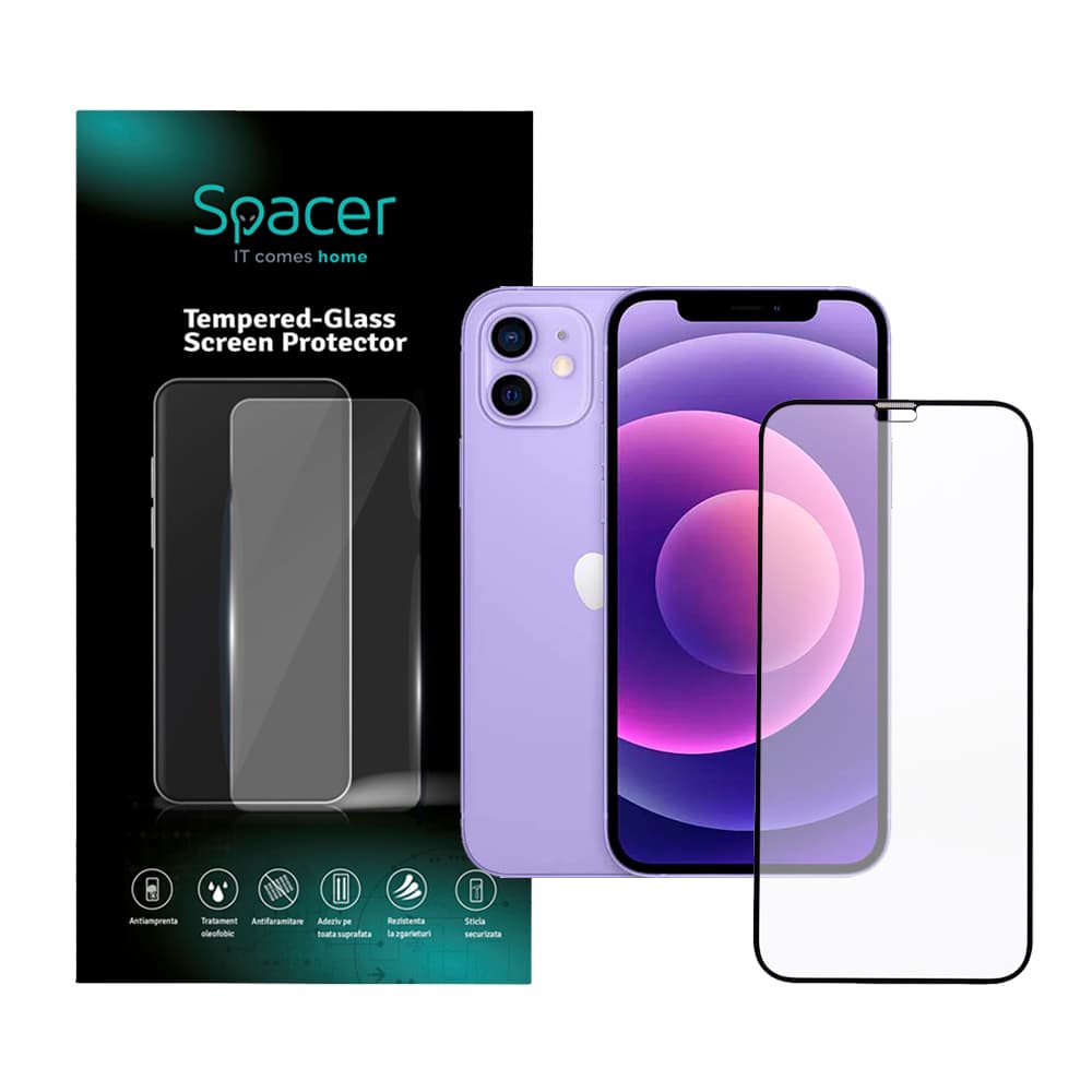 FOLIE STICLA Spacer pentru Iphone 12 Mini, grosime 0.3mm, acoperire totala ecran, strat special anti-ulei si anti-amprenta, Tempered Glass, sticla 9D, duritate 9H "SPPG-AP-IP12M-TG"