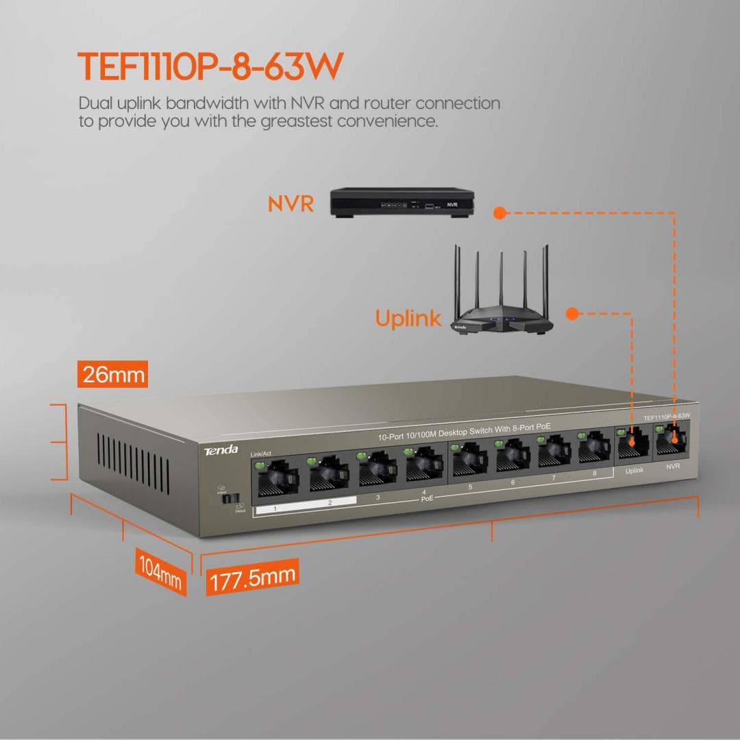 TENDA 8-PORT POE SWITCH TEF1110P-8-63W "TEF1110P-8-63W" — miniatură