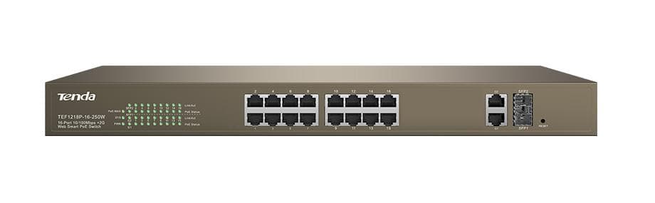 TENDA 16-PORT+2GB WEB SMART POE SWITCH "TEF1218P-16-250W"