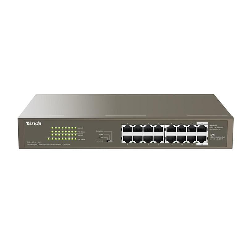 SWITCH TENDA unmanaged, 16 porturi PoE RJ-45 gigabit, max 135W, IEEE 802.3af, metalic "TEG1116P-16-150W"