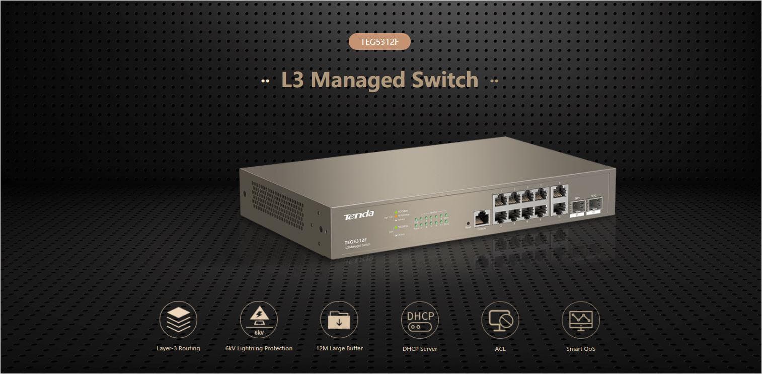 SWITCH TENDA managed layer 3, 10 porturi 10/100/1000 Ethernet Base-T, 2 porturi 1000 SFP Base-X, metalic "TEG5312F" — miniatură