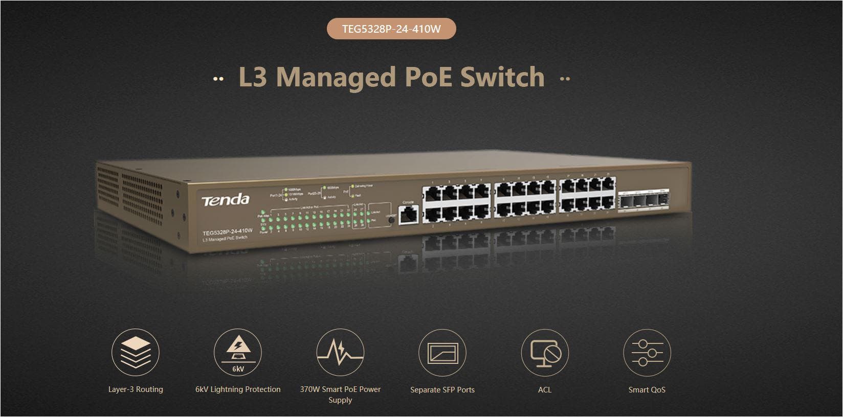 TENDA 24PORT GIGABIT L3 MANAGED SWITCH "TEG5328P-24-410W" — miniatură