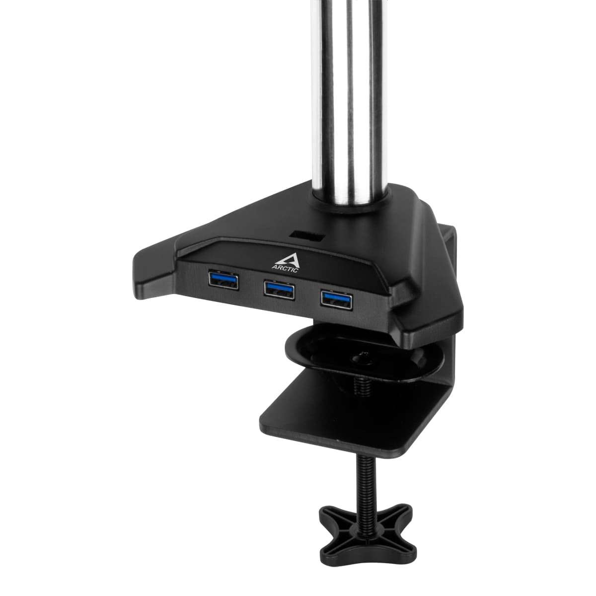 Suport monitor Arctic, pt 2 monitoare, diag max. 34inch, max. 2x8Kg, rotatie, inclinare, pivotare, port USB 3.0 4 porturi, alimentare prin mini-USB, prindere de birou, negru, "AEMNT00057A" — miniatură
