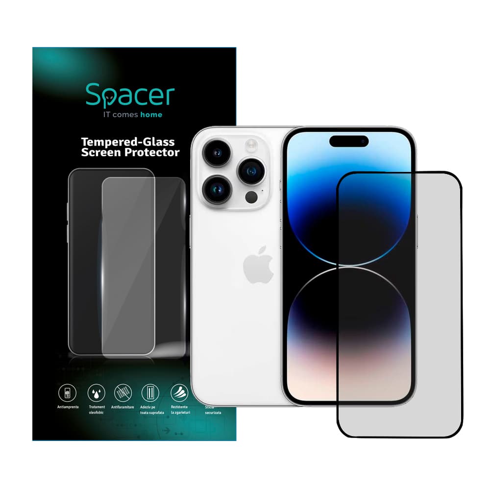 FOLIE STICLA Spacer pentru Iphone 14 Pro, grosime 0.3mm, acoperire totala ecran, strat special anti-ulei si anti-amprenta, Tempered Glass, sticla 9D, duritate 9H "SPPG-AP-IP14P-TG"