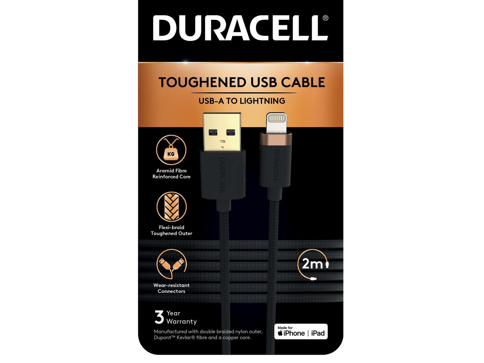 Cablu Duracell USB-A to Lightning C89 2m Black "USB7022A"