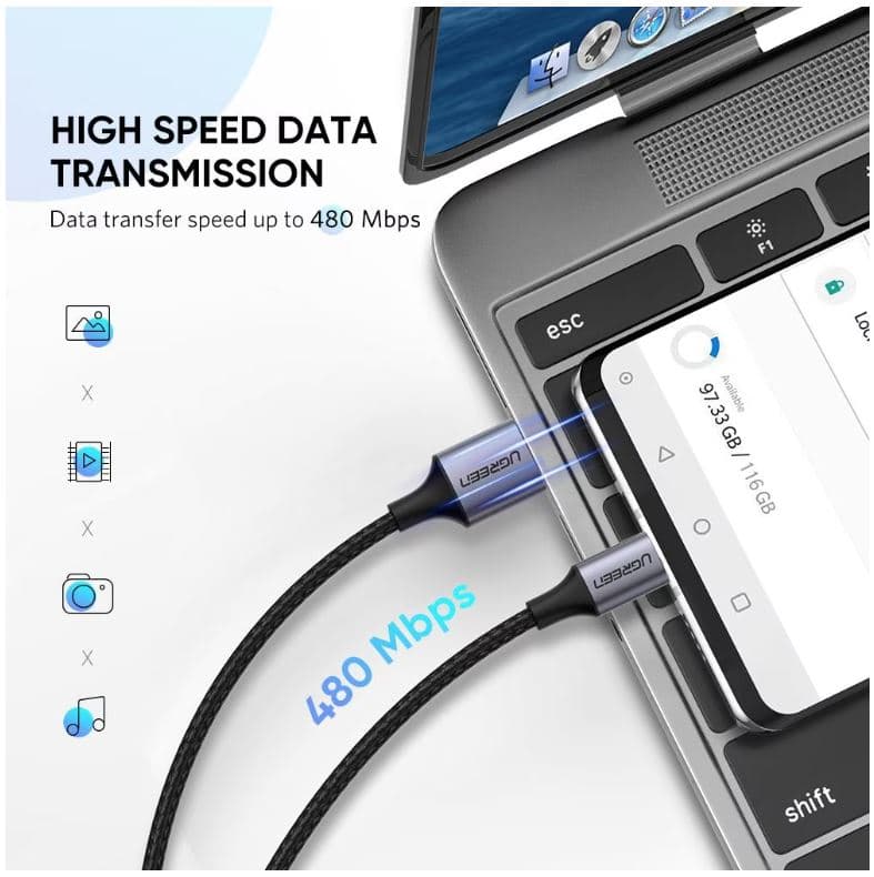 CABLU alimentare si date Ugreen, "US288", Fast Charging Data Cable pt. smartphone, USB la USB Type-C, 5V/3A, nickel plating, braided, 0.5m, alb, "60130" - 6957303861309 — miniatură
