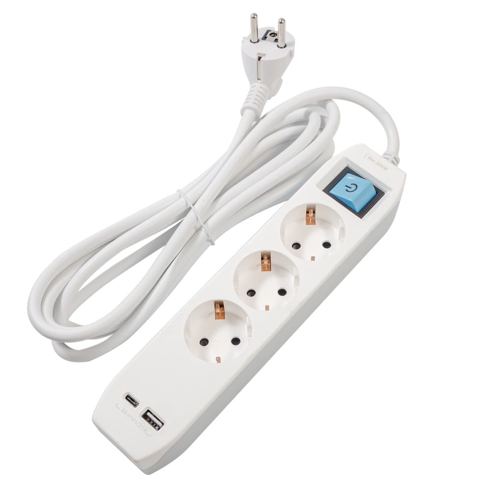 PRELUNGITOR SPACER, Schuko x 3, conectare prin Schuko (T),Type-C x1, USB x 1, 3.1A, cablu 3m, 16 A, max. 3500W, protectie copii, Intrerupator, Gri-Alb, "PP-3-30-TC-USB" 45507256 — miniatură