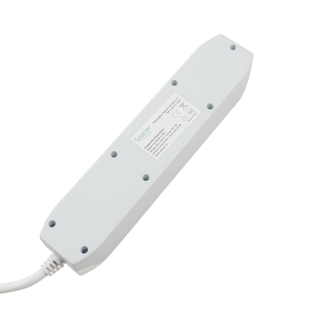 PRELUNGITOR SPACER, Schuko x 3, conectare prin Schuko (T),Type-C x1, USB x 1, 3.1A, cablu 3m, 16 A, max. 3500W, protectie copii, Intrerupator, Gri-Alb, "PP-3-30-TC-USB" 45507256 — miniatură