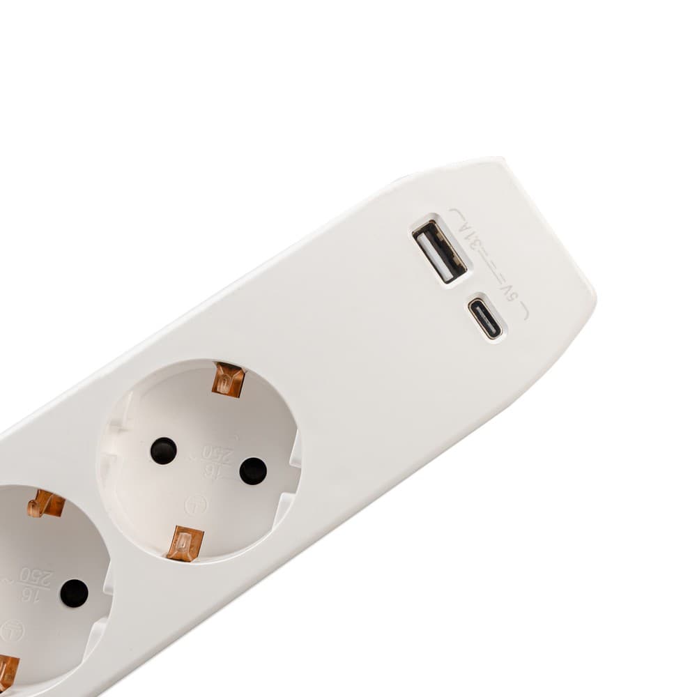 PRELUNGITOR SPACER, Schuko x 3, conectare prin Schuko (T),Type-C x1, USB x 1, 3.1A, cablu 3m, 16 A, max. 3500W, protectie copii, Intrerupator, Gri-Alb, "PP-3-30-TC-USB" 45507256 — miniatură