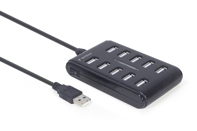 HUB extern GEMBIRD, porturi USB: USB 2.0 x 10, conectare prin USB, cablu 0.8 m, negru, "UHB-U2P10P-01" - 8716309124638 — miniatură