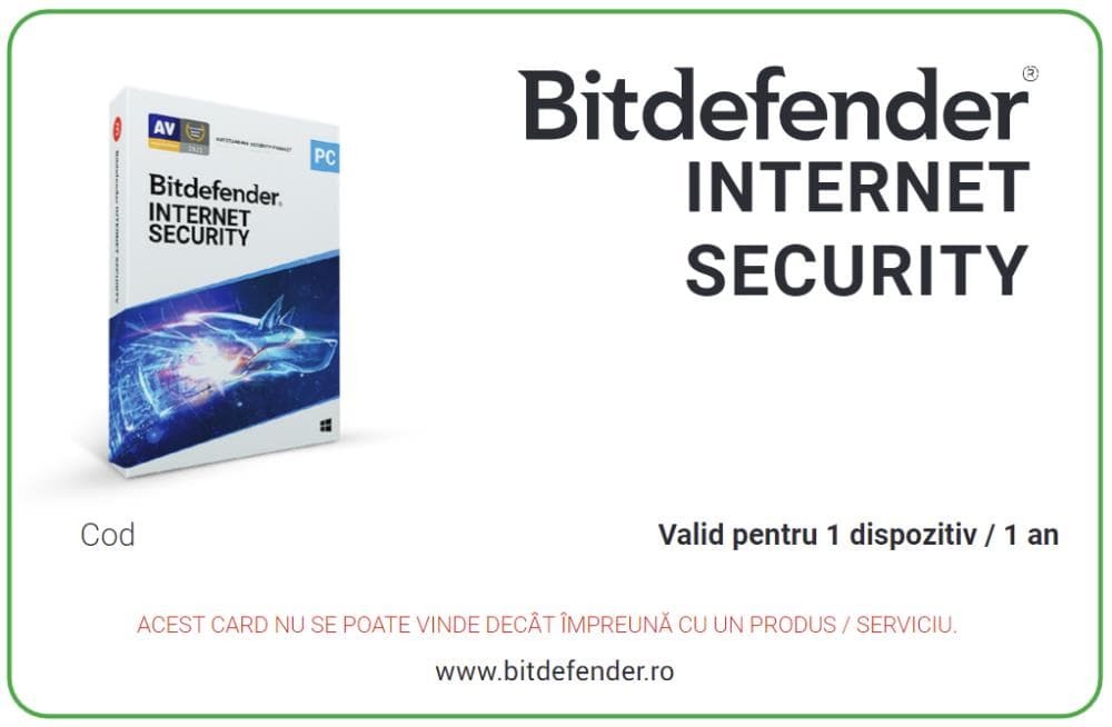 SW RET INTERNET SECURITY / 1PC SCRATCH CARD BITDEFENDER,"IS03ZZCSN1201HEN"- valabile doar pe teritoriul Romaniei