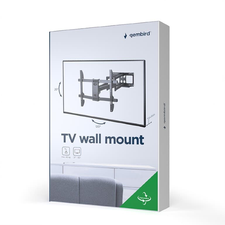 SUPORT de perete GEMBIRD, pt 1 TV/monitor plat, diag. max 37" - 80", rotatie, inclinare, pliere, max 60 kg, "WM-80ST-02" — miniatură