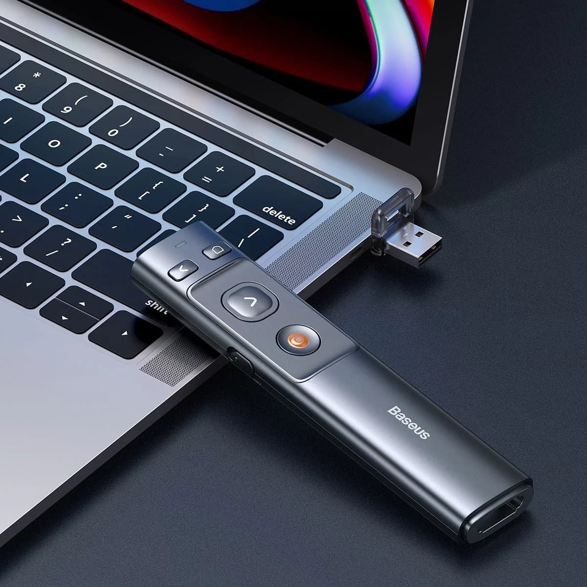 PRESENTER laser Orange Dot Baseus RF2.4GHz, laser rosu, distanta maxima 100m, transmitator USB/USB Type-C, gri "ACFYB-0G" - 6953156220836 — miniatură