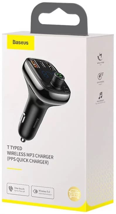 MODULATOR AUTO FM Baseus OS-Baseus T Shaped S-13,BT 5.0,12-24V,87,5-108 MHz,MP3/WAV/FLAC/APE/WMA, 2xUSB, 1xUSB-C, micro SD 32GB MAX, raza 5m/10m, bk "CCMT000101"-6932172626983 — miniatură