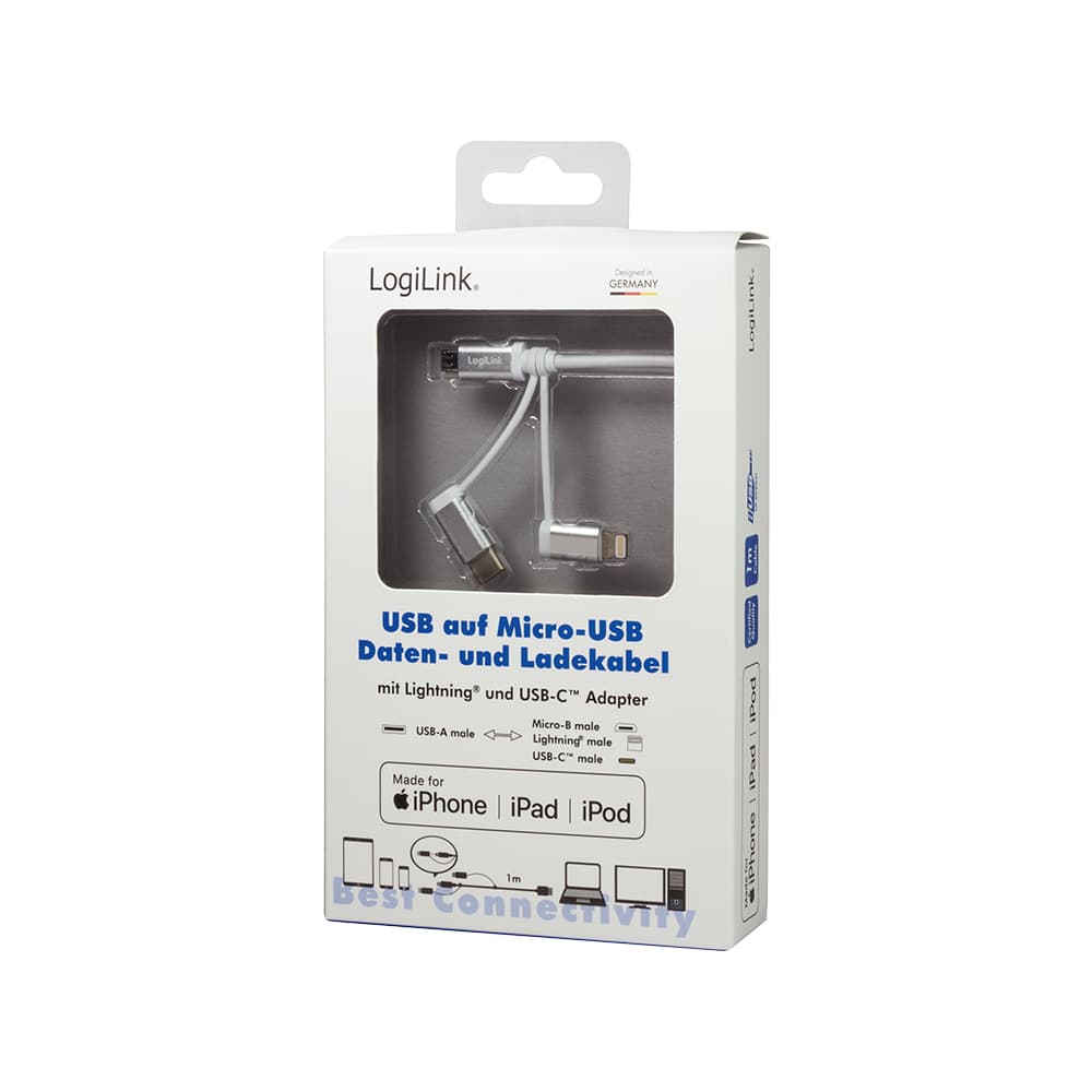 CABLU alimentare si date LOGILINK, telefon, 3 + 1, USB 2.0 (T) la Lightning (T) + Micro-USB 2.0 (T) + USB 2.0 Type-C (T), 1m, argintiu, "CU0126" — miniatură