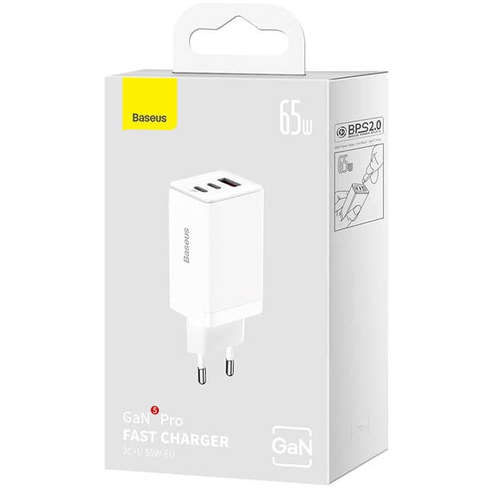 INCARCATOR retea Baseus, GaN5 Pro Fast Charger 65W, 2 x USB Type-C 5V/3A, 1 x USB 5V/3A, cablu fast charging Type-C la Type-C 1m inclus, alb "P10110812227-Z1"-6932172630232 — miniatură