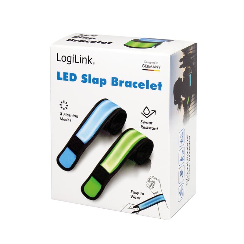 BRATARA LED LOGILINK, cu clips, 2 bucati, nailon, 3 moduri lumina, rezistent la apa, bat. CR2032, 34x4cm, 30g, albastru si verde,"LED015" — miniatură