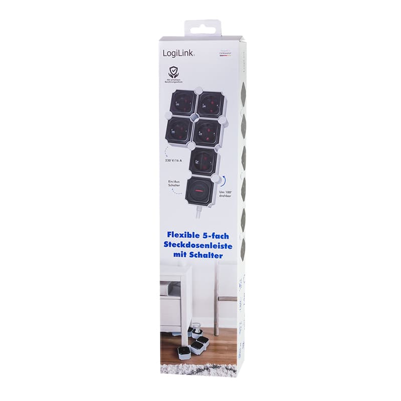 PRELUNGITOR LOGILINK, flexibil 180 grade, Schuko x 5, cablu 3G 1.5mm2, 230 V/16 A, 50 Hz, max. 3600 W, buton intrerupator iluminat, IP20, 1.5m, alb/negru "LPS277" (include TV 0.80lei) — miniatură