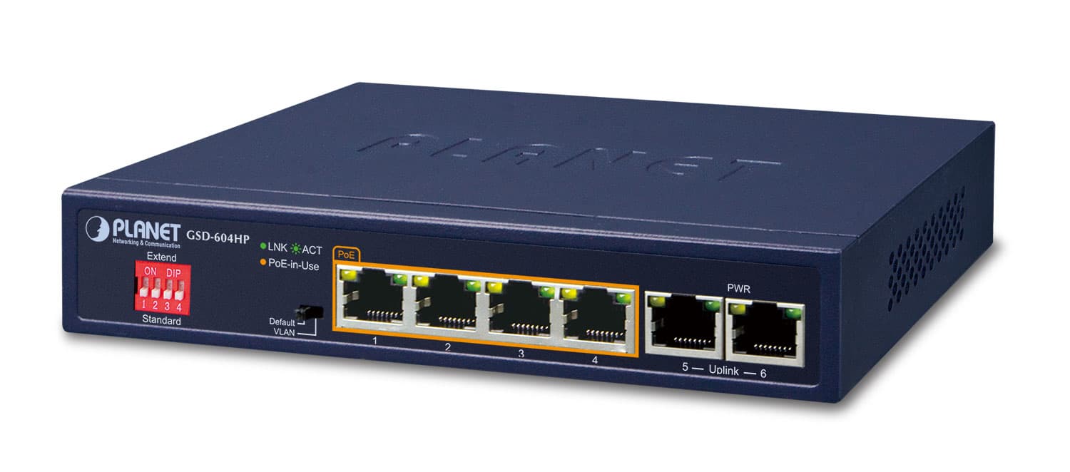 SWITCH. PoE Planet 4-Port 10/100/1000T 802.3at POE + 2-Port 10/100/1000T Desktop Switch (55W POE Budget, Externa "GSD-604HP"