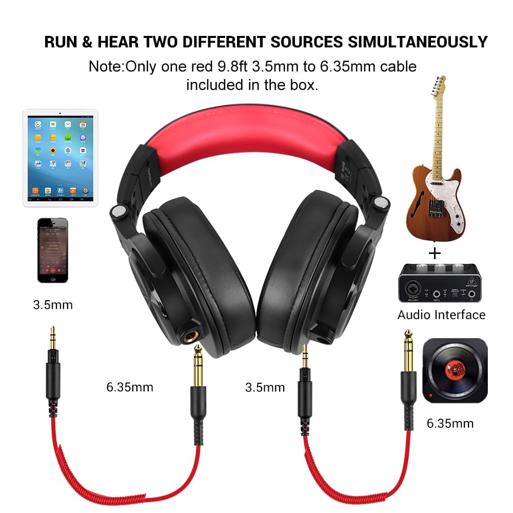 Casca OneOdio cu fir detasabil, tip over ear, utilizare profesionala, DJ, conectare prin Jack 3.5 mm | Jack 6.35 mm, difuzor 40 mm, impedanta 32 Ohm, negru | rosu, "A71-Red" — miniatură