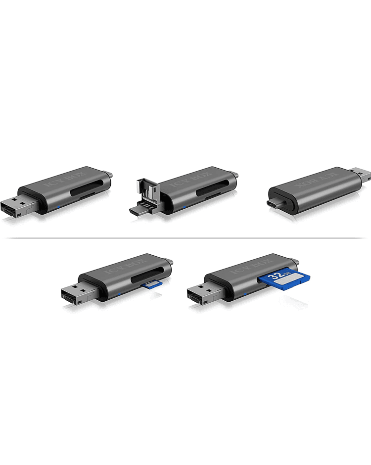 CARD Reader Icy Box interfata USB 2.0, citeste/scrie: SD, microSD, adaptor USB Type-C&Micro-B, "IB-CR200-C" — miniatură